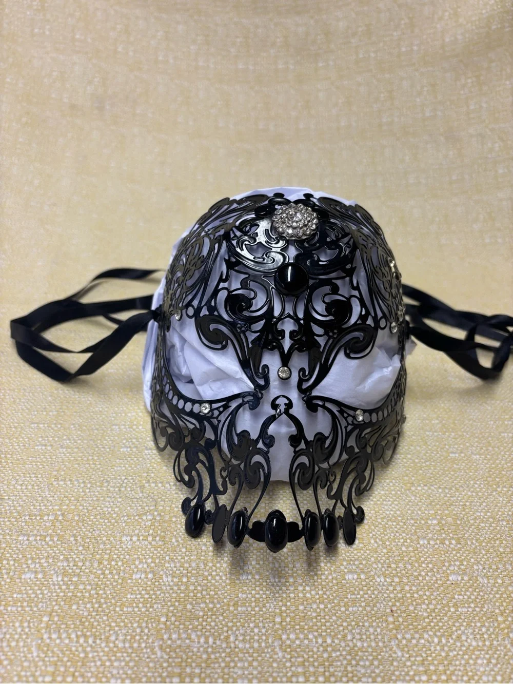 Ornate Black Filigree Rhinestone Masquerade Mask